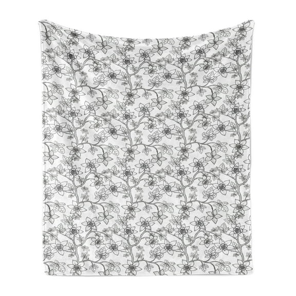 Floral Vintage Soft Flannel Fleece Blanket, Graphic Drawing of Blossoming Flowers on Branches with Leaves, Cozy Plush for Indoor and Outdoor Use, 50" x 60", Charcoal Grey and White, by Ambesonne