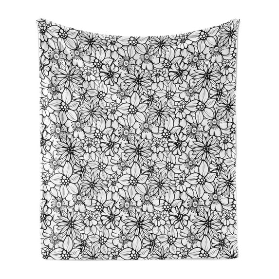 Floral Vintage Soft Flannel Fleece Throw Blanket, Cartoon Style Group of Various Flowers Petals Illustration, Cozy Plush for Indoor and Outdoor Use, 60" x 80", Charcoal Grey and White, by Ambesonne