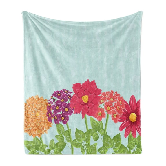 Floral Vintage Soft Flannel Fleece Throw Blanket, Colorful Flowers and Leaves Botanical Illustration, Cozy Plush for Indoor and Outdoor Use, 70" x 90", Pale Blue and Multicolor, by Ambesonne