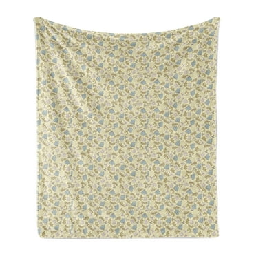Floral Vintage Soft Flannel Fleece Throw Blanket, Pattern of Botanical Elements Scattered, Cozy Plush for Indoor and Outdoor Use, 50" x 60", Pale Yellow Slate Blue, by Ambesonne