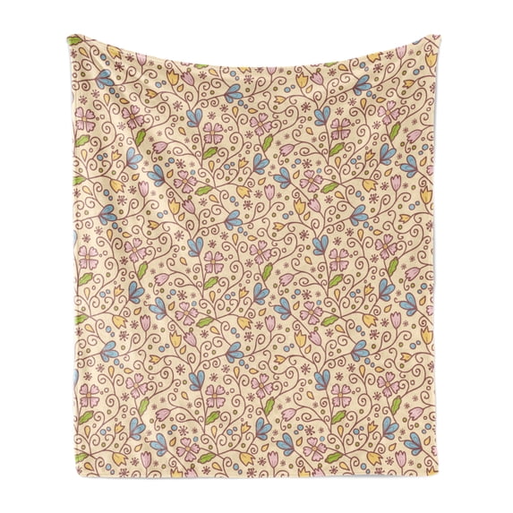 Floral Vintage Soft Flannel Fleece Throw Blanket, Pattern of Colorful Swirls Branches Circles and Flower, Cozy Plush for Indoor and Outdoor Use, 50" x 60", Champagne and Multicolor, by Ambesonne