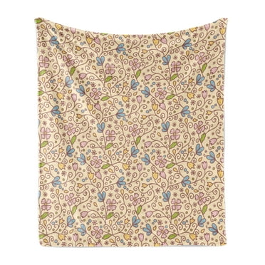 Floral Vintage Soft Flannel Fleece Throw Blanket, Pattern of Colorful Swirls Branches Circles and Flower, Cozy Plush for Indoor and Outdoor Use, 50" x 70", Champagne and Multicolor, by Ambesonne