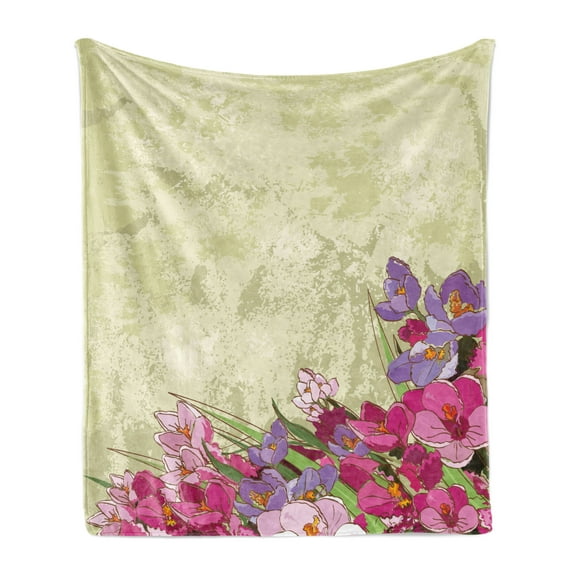 Floral Vintage Soft Flannel Fleece Throw Blanket, Romantic Feminine and Delicate Spring Flowers in Grunge Theme, Cozy Plush for Indoor and Outdoor Use, 50" x 70", Pale Khaki Multicolor, by Ambesonne