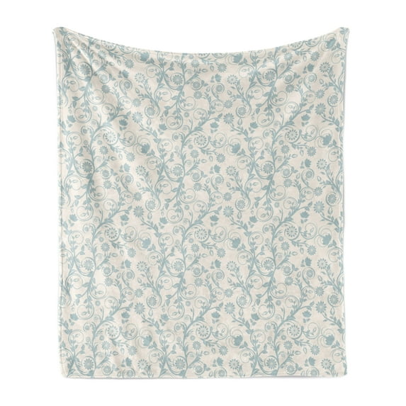 Floral Vintage Soft Flannel Fleece Throw Blanket, Vintage Composition of Feminine Ornaments Leafy Branches, Cozy Plush for Indoor and Outdoor Use, 70" x 90", Pale Blue Grey Eggshell, by Ambesonne