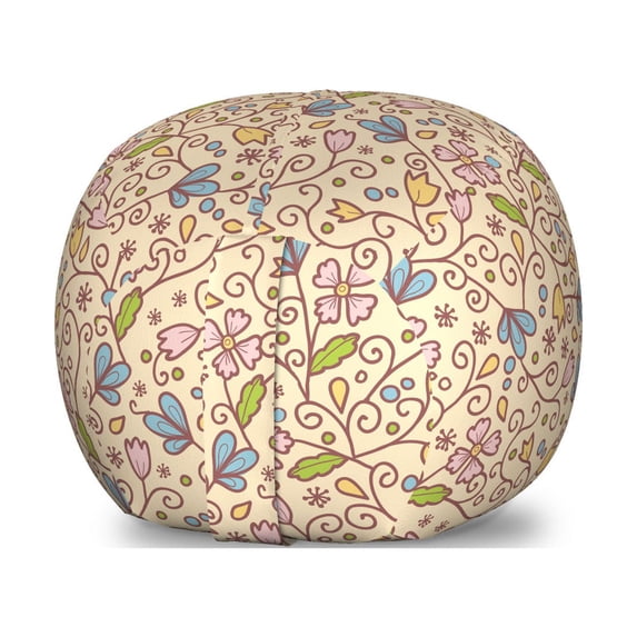 Floral Vintage Storage Toy Bag Chair, Pattern of Colorful Swirls Branches Circles and Flower, Stuffed Animal Organizer Washable Bag, Small Size, Champagne and Multicolor, by Ambesonne