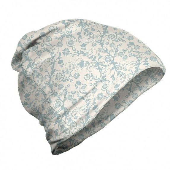 Floral Vintage Unisex Beanie, Vintage Feminine, Hiking Outdoors, Pale Blue Grey Eggshell, by Ambesonne