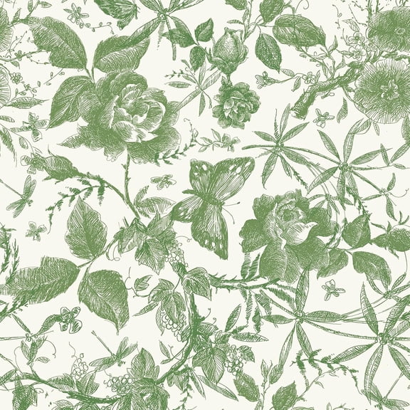 Floral Vintage Wallpaper Peel and Stick，Green Rose Wallpaper Removable Vinyl Wall Paper Sketch Floral Decor (Green, 17.5" x 118")