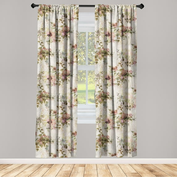 Floral Vintage Window Curtains, Nostalgic Weathered Love Effect of Butterflies Floral Bouquets Flowers, Lightweight Decor 2-Panel Set with Rod Pocket, Pair of - 28"x95", Beige Multicolor, by Ambesonne