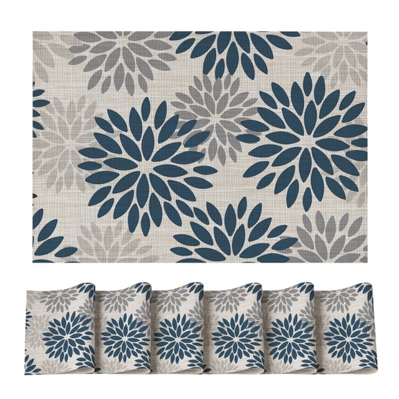 Cupidove Floral Vinyl PVC Placemats Set of 6, Heat Resistant Washable Non-Slip Plastic Place Mats, Blue Grey