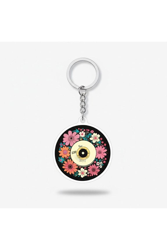 Floral Vinyl Record Keychain, Retro 70s Style Bag Charm