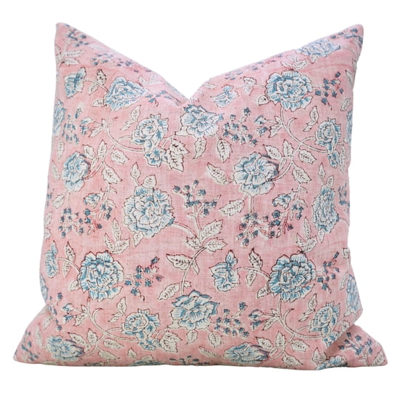 Floral Viscose Linen Cushion Cover 14x14 – RAMESHWARAM Block Print, Indian Handmade Pillowcase, Farmhouse Sofa Ruffle Pillow