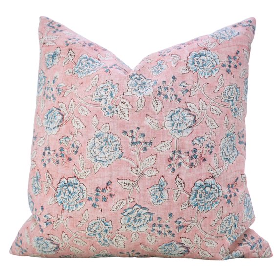 Floral Viscose Linen Cushion Cover 16x16 – RAMESHWARAM Block Print, Indian Handmade Pillowcase, Farmhouse Sofa Ruffle Pillow