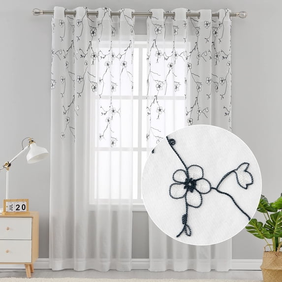 Floral Voile Sheer Curtains for Living Room Plum Flower Embroidery Sheer Curtains and Drapes, Grommets Design, 52×95 Inch, 2 Pieces,Navy