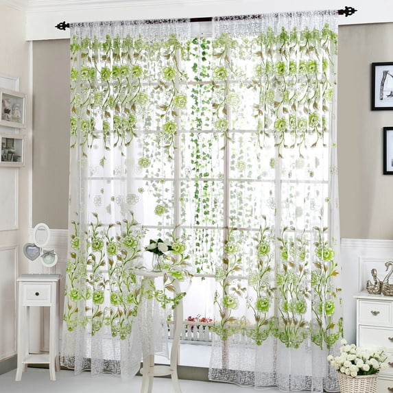 Floral Voile Window Curtain Panel - Light Filtering Drape Valance Modern Blush Pink Peony Print Room Darkening Privacy Sheer(Green)