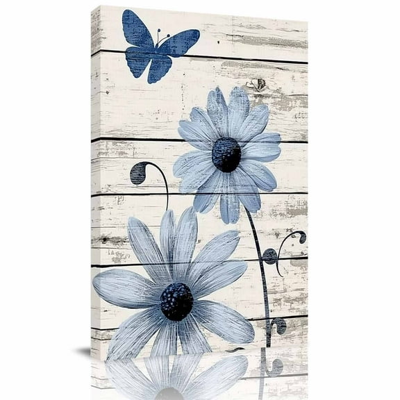 Floral Wall Art,Blue Flower and Butterfly on Rustic Wood Board Canvas Wall Art Ready to Hang for Bathroom Bedroom Farmhouse Decor,16in X 24in