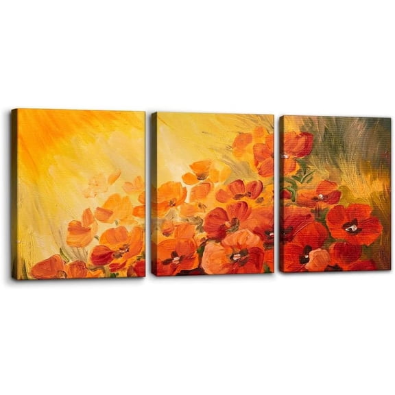 Floral Wall Art Canvas Painting Poppies on a Red-Yellow Background Posters and Prints Decorative Modern Home Decoration Red Flowers Wall Home Decor Wall Art for Living Room - 12" x 16" x 3 Panels