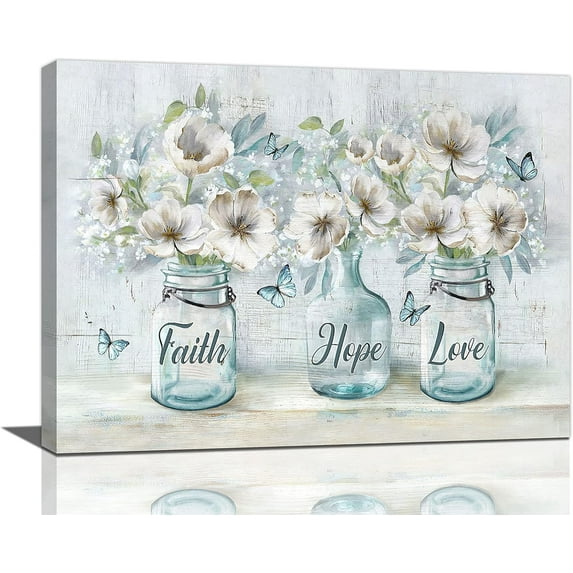 Floral Wall Art Farmhouse Flowers Butterfly Mason Jar Bathroom Pictures Wall Decor Flowers Canvas Prints Light Blue Home Decoration Framed Artwork For Bathroom Kitchen Bedroom 16"x12"