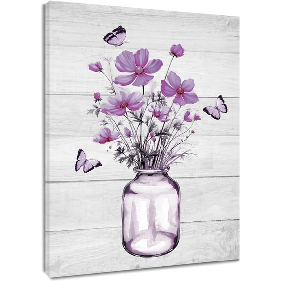 Floral Wall Art for Living Room,Purple Flower and Butterfly in Vase Canvas Wall Art Country Wildflower on Rustic Wooden Boards Framed Wall Art for Bedroom Bathroom Wall Decor,16L X 12W inches