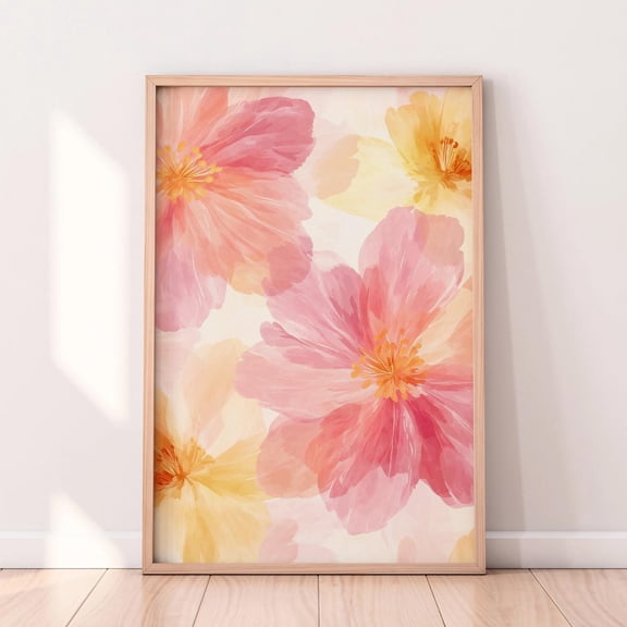 Floral Wall Art – Peach Pink And Yellow Watercolor Flower Art, Botanical Print, Bright Large Wall Decor Wall Art, Modern Wall Decor, 8x12 UNFRAMED