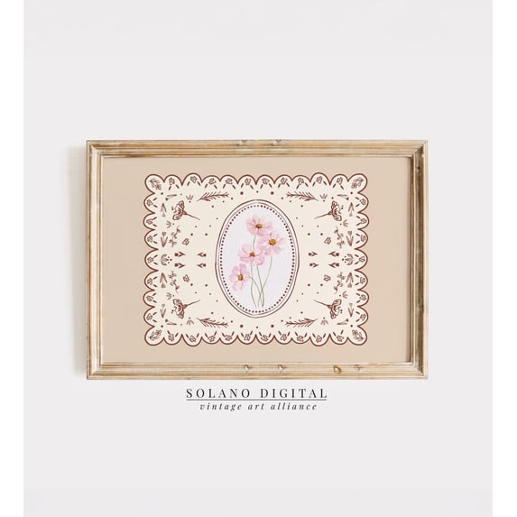 Floral Wall Art Pink Cosmos Flower Scalloped Frame, Unframed Canvas 24x36in