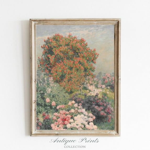 Flowers Garden, Vintage Spring Cottage Wall Art, Antique Floral Landscape Print, Farmhouse Wall Decor, Poster, Unframed Canvas Size 24x36