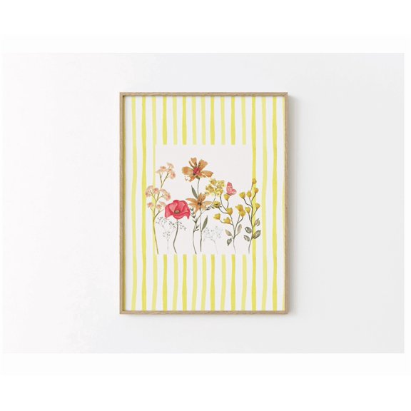 Floral Wall Art Wildflower Striped Yellow Poster Mothers Day Gift Flower Poster Botanical Able Card