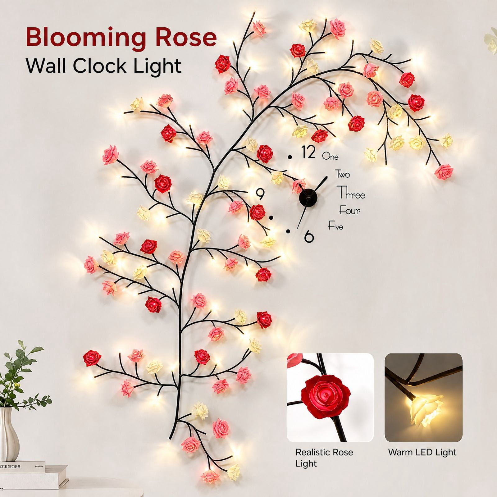 Red Roses Fixtures Floral Wall Clock with Blooming Roses and Warm Led Lights, Large, Black ...