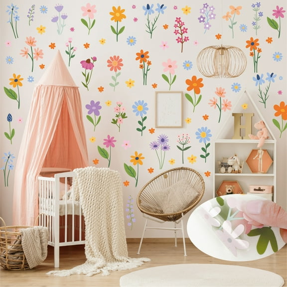 Floral Wall Decals for Nursery, 8 Sheets Stickers 102 Pieces Flower Decals, Colorful Garden Theme Room Decor Kids Bedroom Classroom Living Room Mural