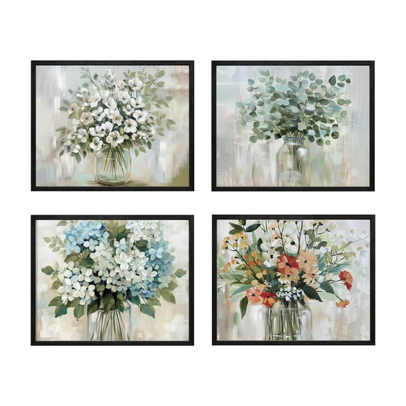 Floral Wall Decor 4 Panel 8x10 Framed Wall Art Flower Arrangement Bouquet Rustic Botanical Watercolor Framed Print Pictures for Bedroom Wall Decor