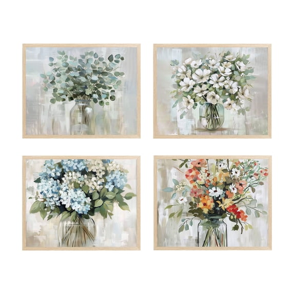 Floral Wall Decor 4 Panel 8x10 Framed Wall Art Flower Arrangement Bouquet Rustic Botanical Watercolor Framed Print Pictures for Bedroom Wall Decor