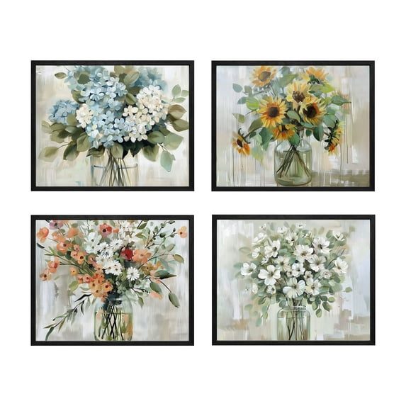 Floral Wall Decor 4 Panel 8x10 Framed Wall Art Flower Arrangement Bouquet Rustic Botanical Watercolor Framed Print Pictures for Bedroom Wall Decor