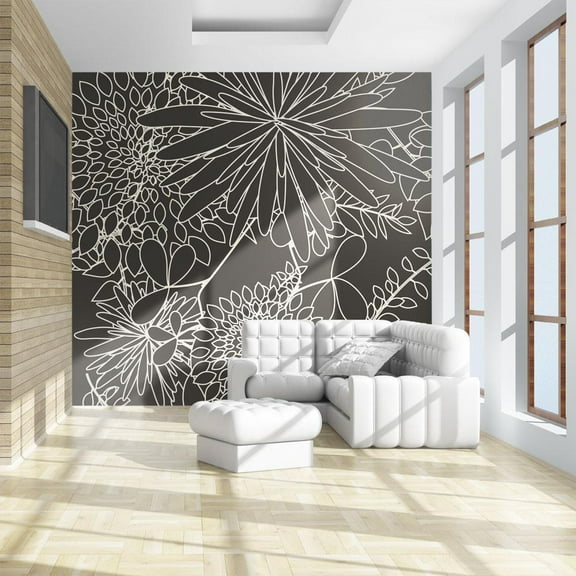 Floral Wall Mural - Black And White Floral Background