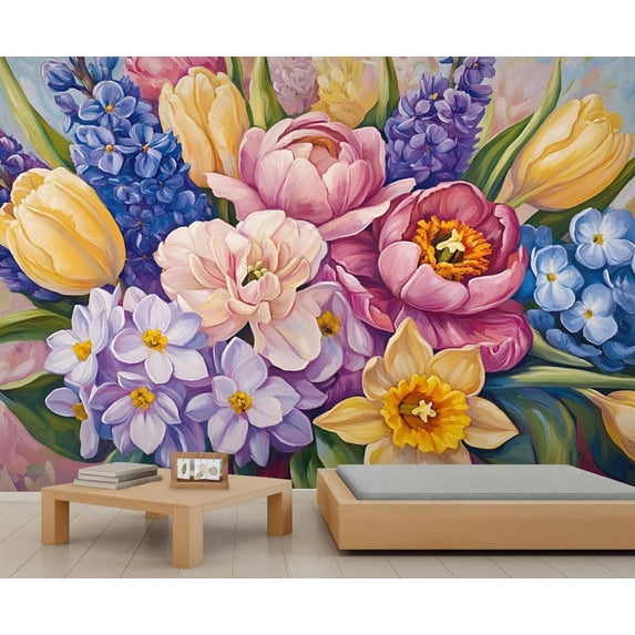 Floral Wall Mural - Spring Flower Wall Murals, Colorful Flowers Hd Photo For Living Room Bedroom, Flower Mural 110"W x 79"H (Not Peel and Stick)
