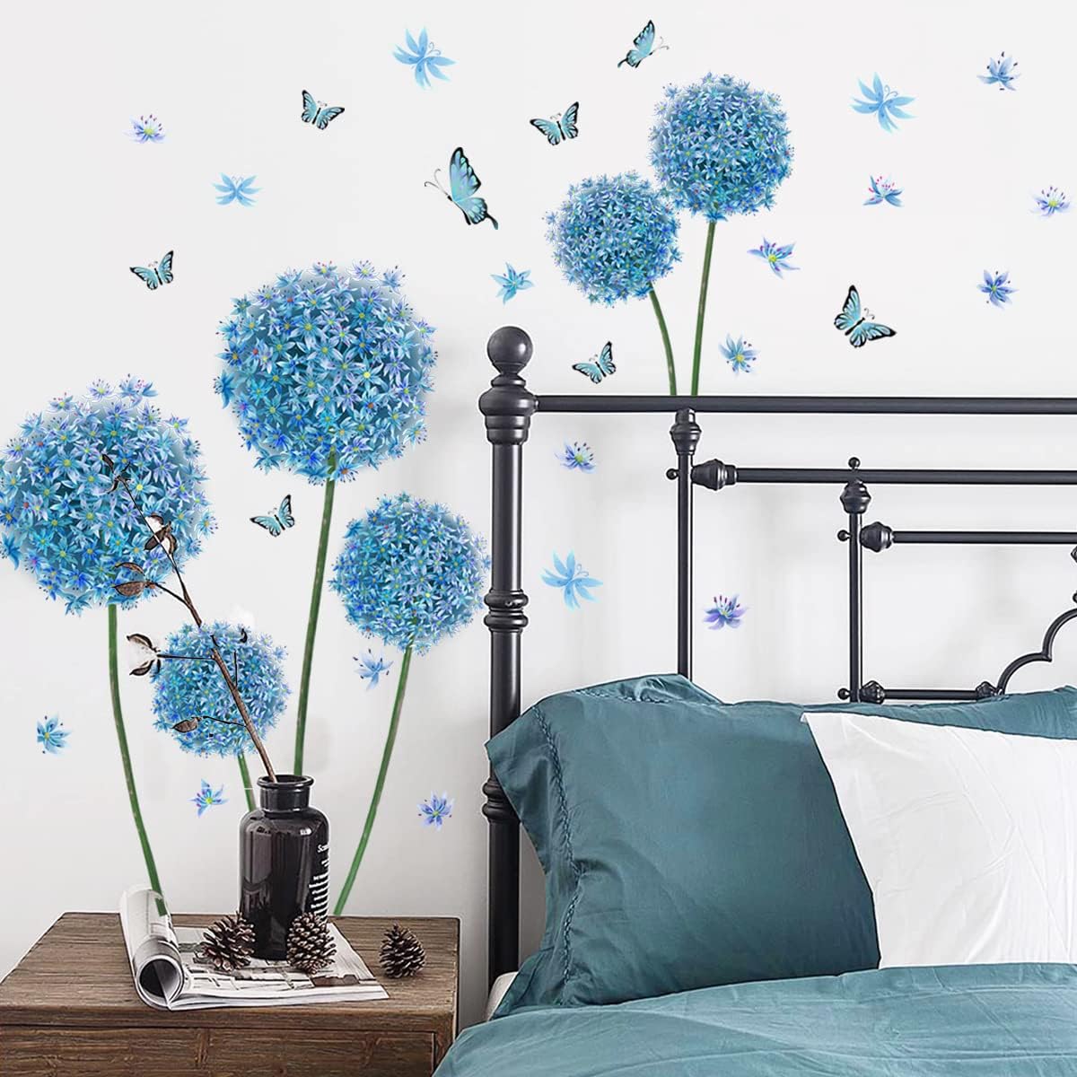 Floral Wall Stickers, Blue Allium Giganteum Flower Butterfly Home Decor