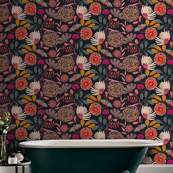 Floral Wallpaper Peel and Stick Boho Wall Paper Removable Waterproof Navy/Pink/Orange Contact Paper for Bedroom, Bathroom, Home Wall 17.3" x 236.3"