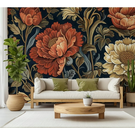 Floral Wallpaper Wall Mural - Large Flowers Kilim Style