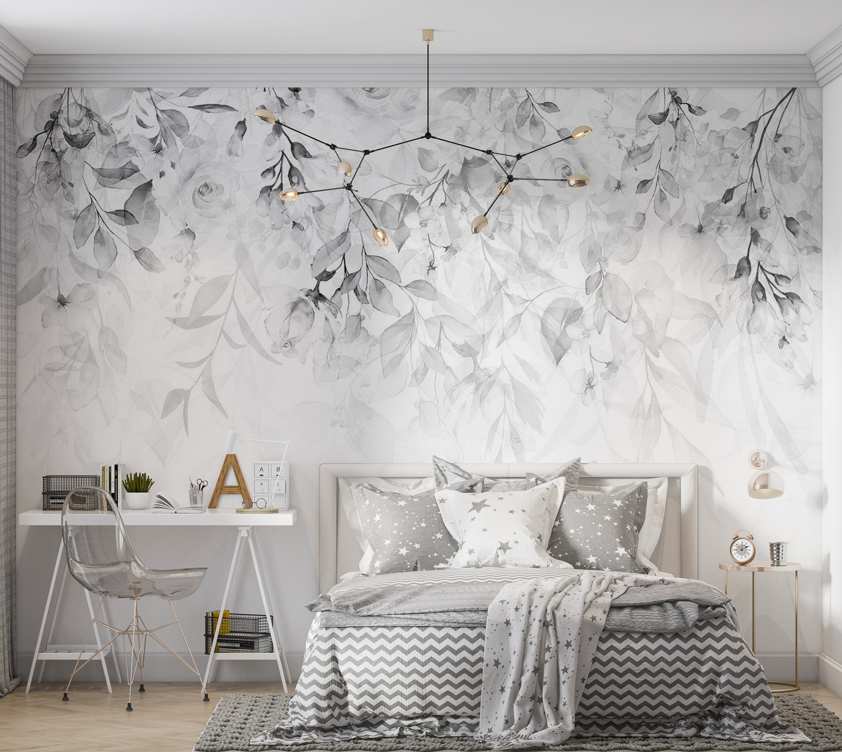 Floral Wallpaper Wall Mural - Waterfall of Roses Grey