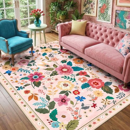 Pink Bloom Rug Floral Washable 5x7 Area Rugs Pink | Flower Carpet, Print, Boho, Non ...