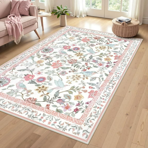 Floral Washable Area Rug, Soft Non-Slip Pink Rugs For Girls Bedroom Low Pile Flower Birds Living Room Rug, Non-Shedding Botanical Indoor Carpet For Nursery Playroom Dining Room-1x2ft