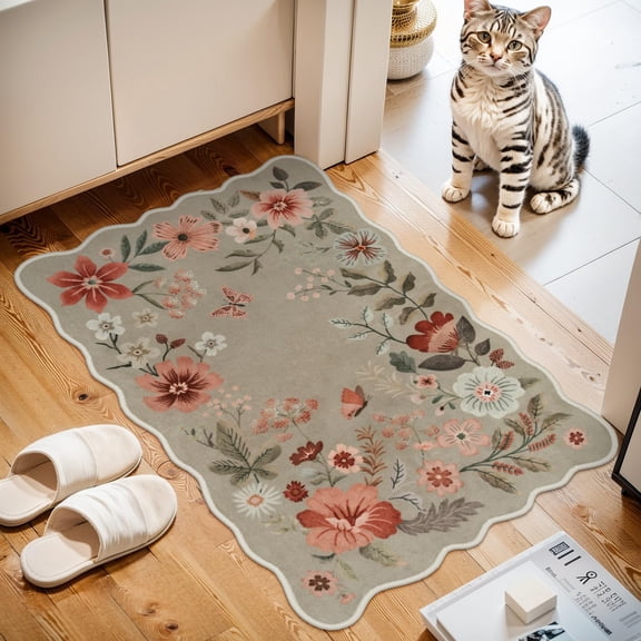 Floral Washable Kitchen Rug Ultra-thin Fall Door Mat Indoor Entrance Stain Resistant Boho Small Low-pile Throw For Bathroom Bedroom Flore (2x3ft Brown)