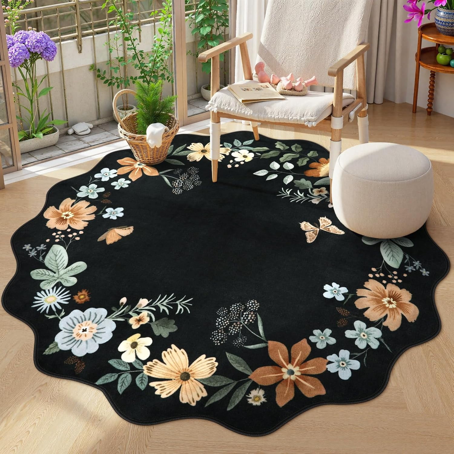 Floral Washable Round Rugs, Non-Slip Soft Round Rug 4ft Ultra-Thin ...
