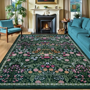 Floral Washable Rug Vintage Soft Boho Non-Slip Carpet Indoor Floor Stain Resistant Low Pile Carpets For Bedroom Dining Room Farmhouse Nursery Home Office Dark Green 5x6ft