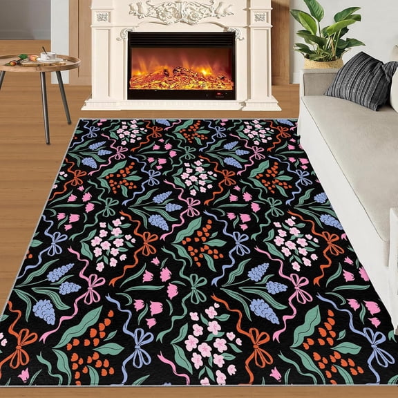Floral Washable Rugs - Boho Bedroom Rug Pink Red Flowers Botanical Area Rug Black Area Rug Apply To Living Room Bedroom 3x5ft