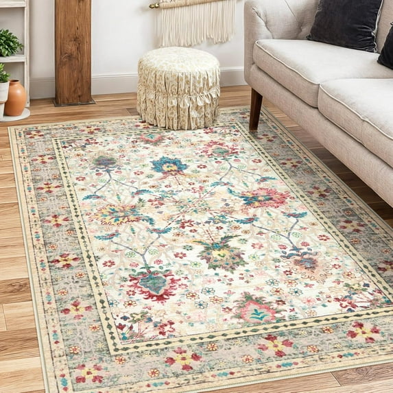 Floral Washable Rugs For Living Room, Cream Area Rugs Bedroom Rug Non Slip Entryway Rug, Farmhouse Throw Rugs Soft Low Pile Carpet For Kitchen Dining Room Playroom Nursery Coffee 5x7ft