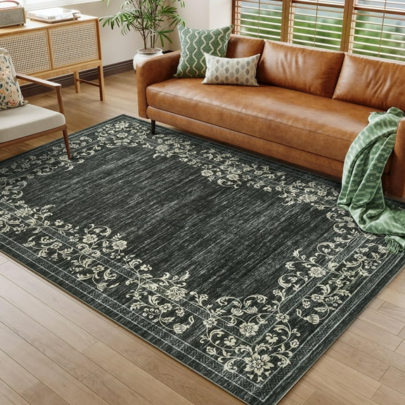 Floral Washable Rugs Non-Slip Low Pile - Polyester Area Rug for Living Room, Bedroom, Office