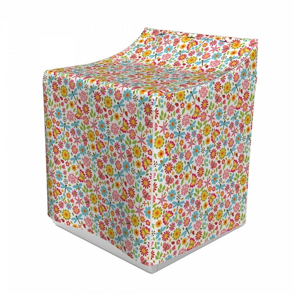 Floral Washer Cover, Flowers Butterflies Petals Beetles Ladybugs Flourishing Theme Garden Doodle, Easy to Use Bathroom Accent Fabric, 29" x 28" x 40", Multicolor, by Ambesonne