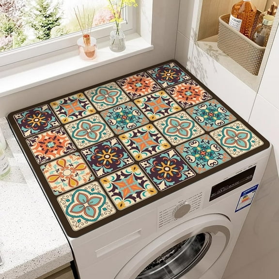 Washer and Dryer Top Protector Mat, 23.6" x 19.7" Non-Slip Fridge Dust Mat, Retro Boho Grid