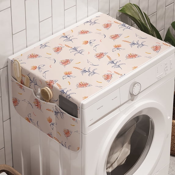 Floral Washing Machine Organizer, Pastel Blossoming Rose Flower on Muted Background Print, Anti-slip Fabric Top Cover for Washer and Dryer, Baby Pink Multicolor, by Ambesonne