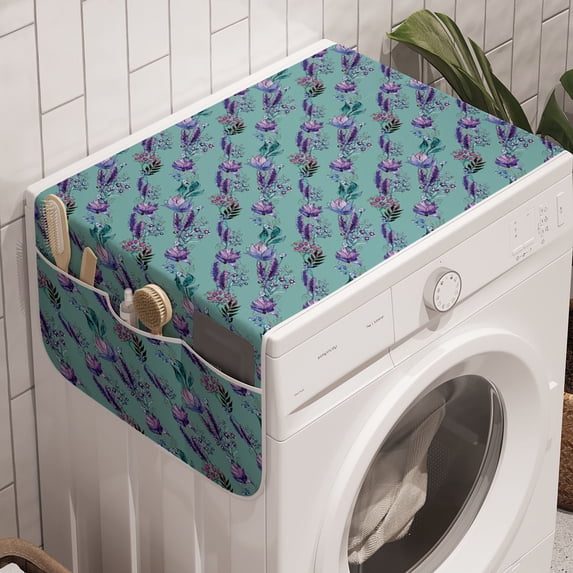 Floral Washing Machine Organizer, Watercolor Style Leaves Chinoiserie Modernized Rhythmic Illustration, Anti-slip Fabric Top Cover for Washer and Dryer, Pale Teal Dark Magenta, by Ambesonne