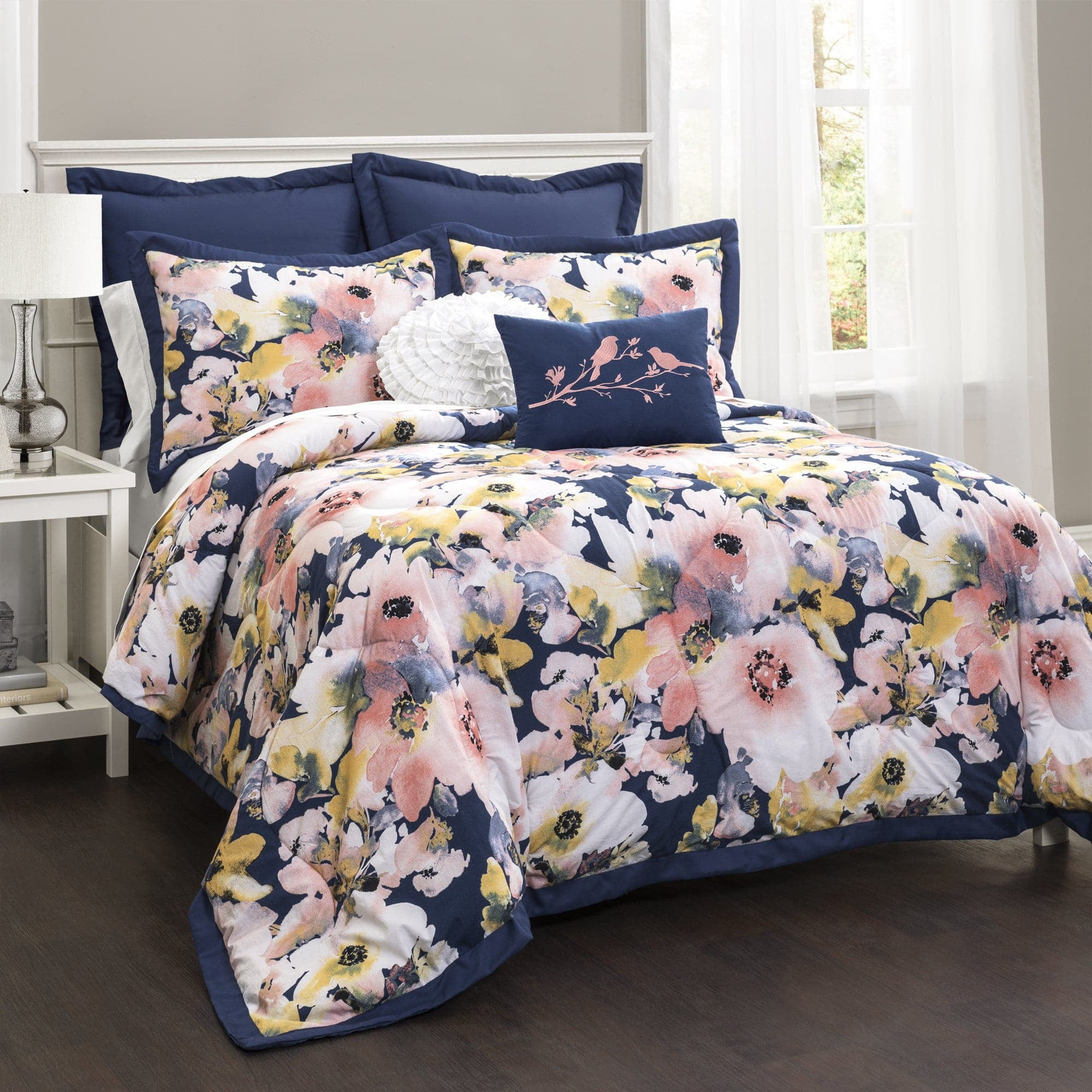 King Blue Floral Watercolor Cotton Reversible Comforter Set